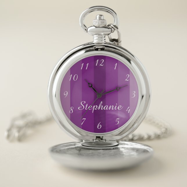 Multi Purple Stripe Personalized Name Classy Retro Pocket Watch (Inside)