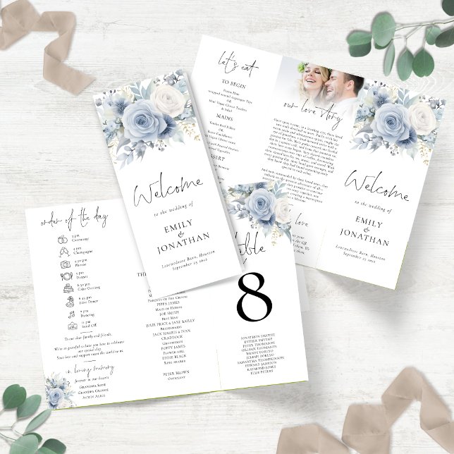 Multi-purpose Blue Florals Program Menu Z Fold Brochure (View of outside and inside unfolded and front cover folded)