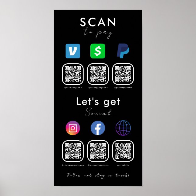 Multi QR Code Connect With Us Scan To Pay Black Poster (Front)