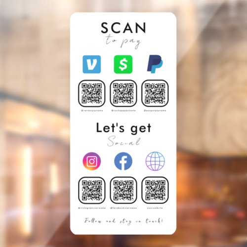 Multi QR Code Connect With Us Scan To Pay White Window Cling