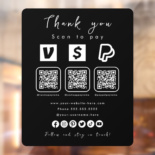 Multi QR Code Paypal Venmo Cash App Black Window Cling (Sheet 2)
