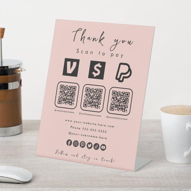 Multi QR Code Paypal Venmo Cash App Modern Pink Pedestal Sign (In SItu)