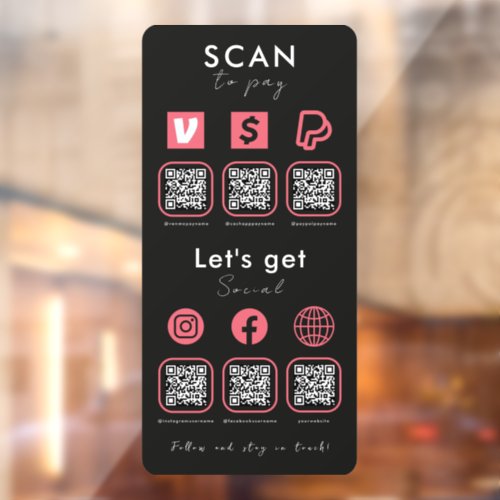 Multi QR Code Scan To Pay Social Media Black Pink Window Cling
