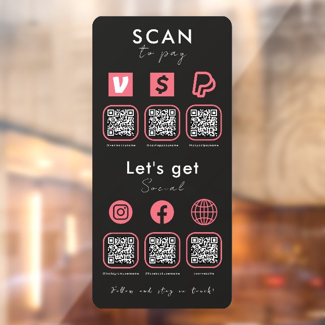 Multi QR Code Scan To Pay Social Media Black Pink Window Cling (Sheet 2)