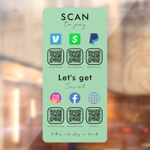 Multi QR Code Social Media Scan To Pay Mint Green Window Cling