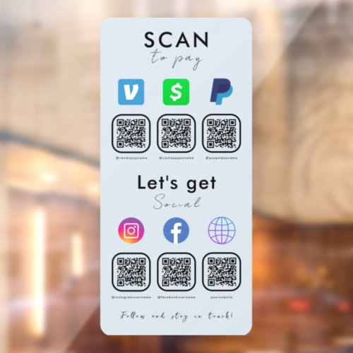 Multi QR Code Social Media Scan To Pay Soft Navy Window Cling