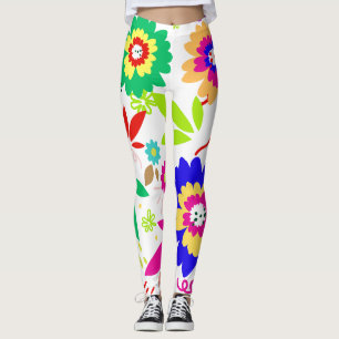 multi rainbow colored flower and leaves design leggings