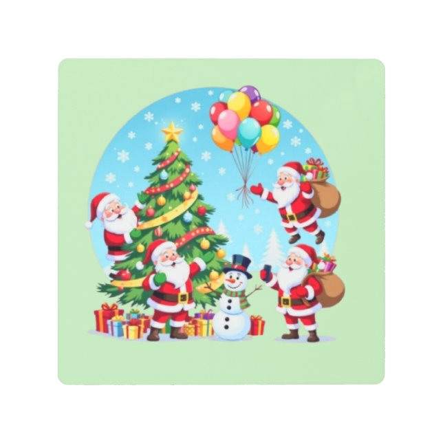 **“Multi-Santa Christmas Fun – 3D Cartoon Transpar Metal Print (Front)