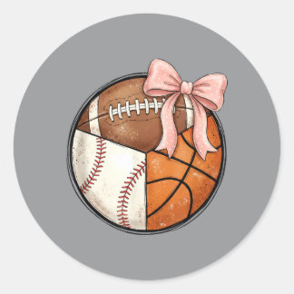 Multi Sport Ball Pink Bow Baseball Football Classic Round Sticker