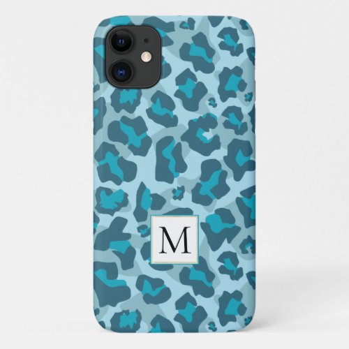 Multi tone blue leopard animal print and monogram iPhone 11 case