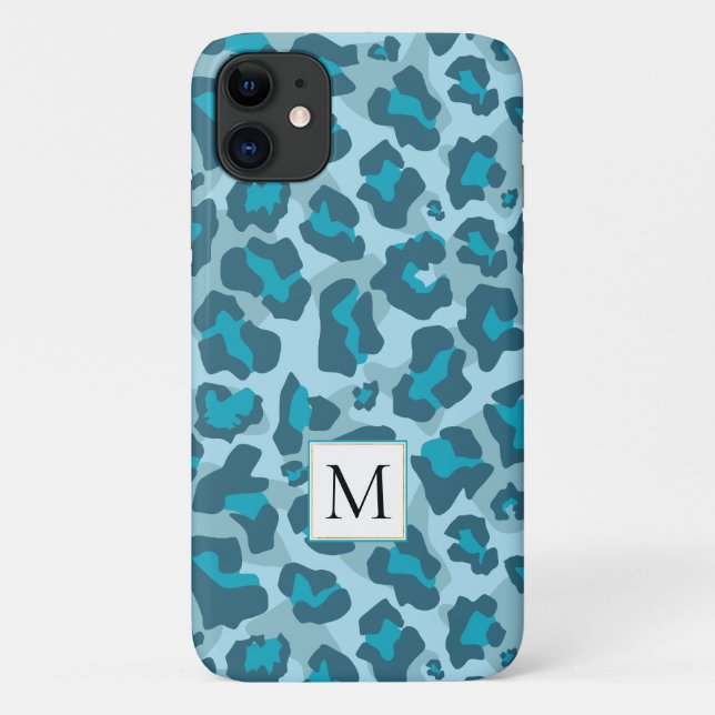Multi tone blue leopard animal print and monogram Case-Mate iPhone case (Back)