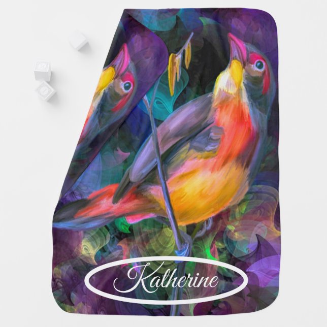 Multi water color yellow and orange swallow bird baby blanket (In Situ)