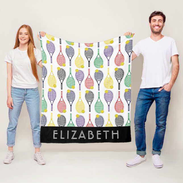 Multi | White Tennis Personalized Name or Monogram Fleece Blanket (In Situ)