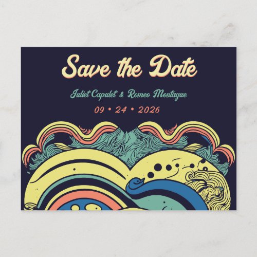 Multicolor 70s groovy psychedelic save the date postcard