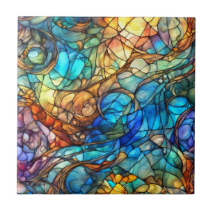 Multicolor Abstract 77 Stained Glass style Ceramic Tile