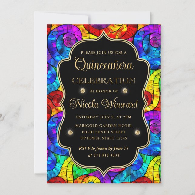Multicolor and Gold Stained Glass Quinceanera Invitation (Front)