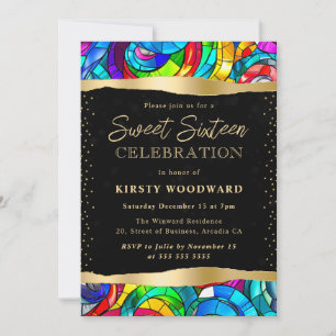 Multicolor and Gold Stained Glass Sweet 16 Invitation