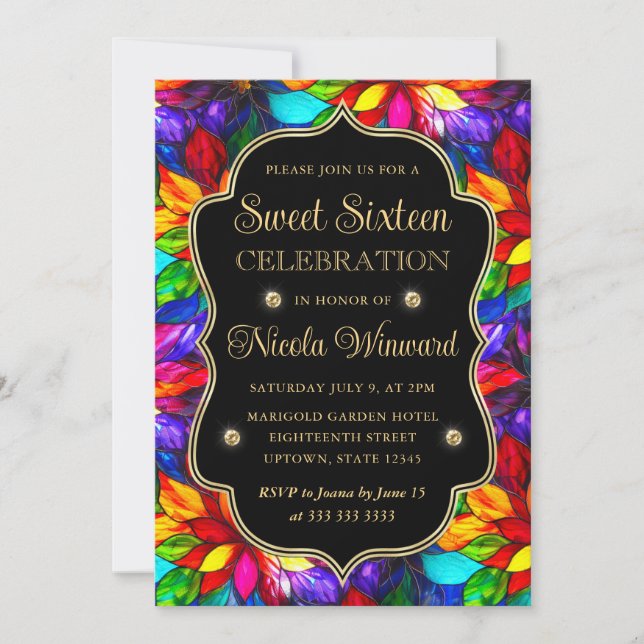 Multicolor and Gold Stained Glass Sweet 16 Invitation (Front)