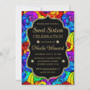 Multicolor and Gold Stained Glass Sweet 16 Invitation