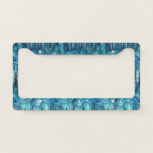 Multicolor Aurora Lights Over Dark Pine Trees License Plate Frame