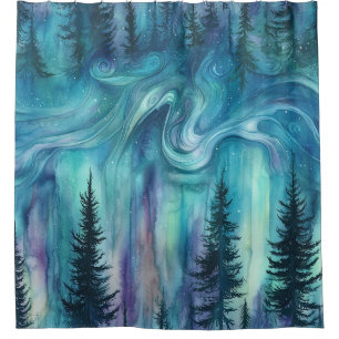 Multicolor Aurora Lights Over Dark Pine Trees Shower Curtain