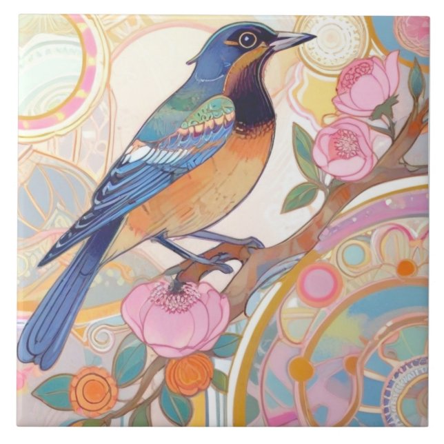 Multicolor Bird Rainbow Nature Flower Floral Ceramic Tile (Front)
