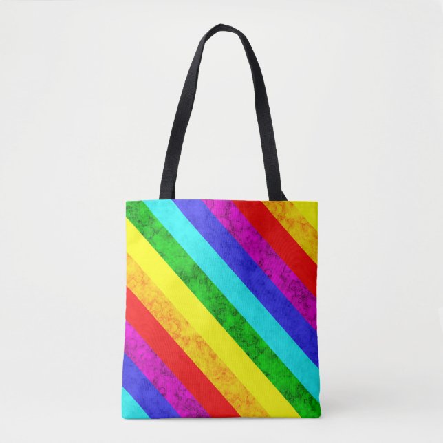 Multicolor birght rainbow lined striped pattern tote bag (Front)