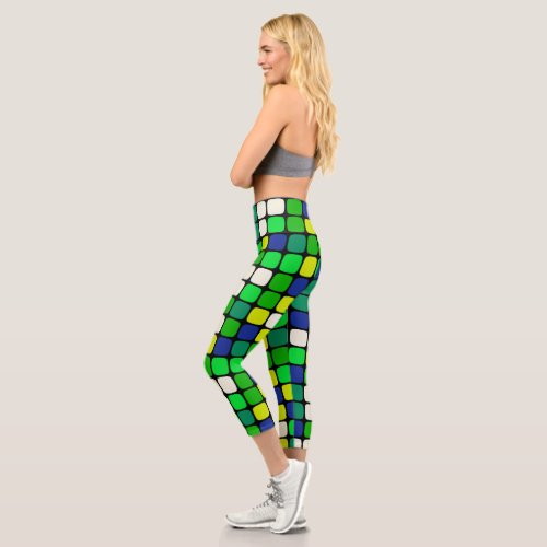 Multicolor Bright Blue Green Plaid Huge Squares Capri Leggings