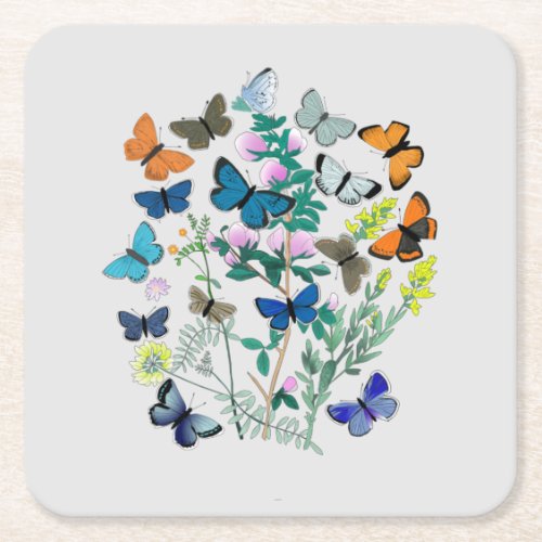 Multicolor Butterflies Flying Over The Flowers Square Paper Coaster