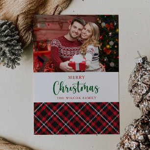 Multicolor Calligraphy Plaid Merry Christmas Holiday Card