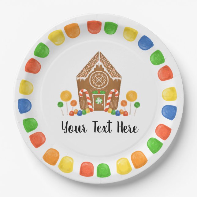 Multicolor Candy Gingerbread House Gumdrop Holiday Paper Plates (Front)
