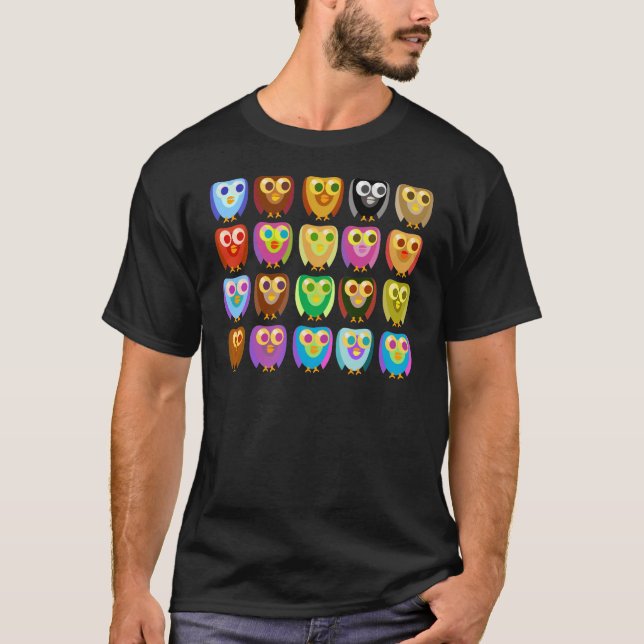 Multicolor Cartoon Character Owl Pattern Design T-Shirt (Front)
