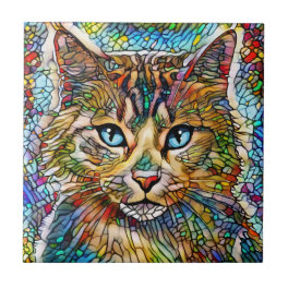 Multicolor Cat 705 Mosaic Stained Glass Style Ceramic Tile