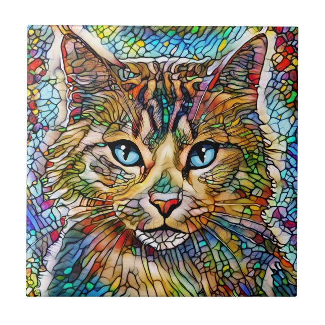 Multicolor Cat 705 Mosaic Stained Glass Style Ceramic Tile (Front)