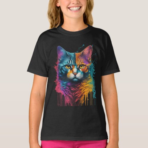Multicolor Cat Black T_shirts For Spacially Kids