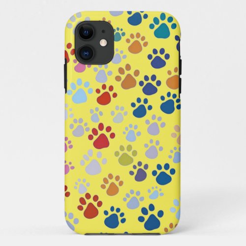 Multicolor Cat Paw Prints Yellow Background  iPhone 11 Case