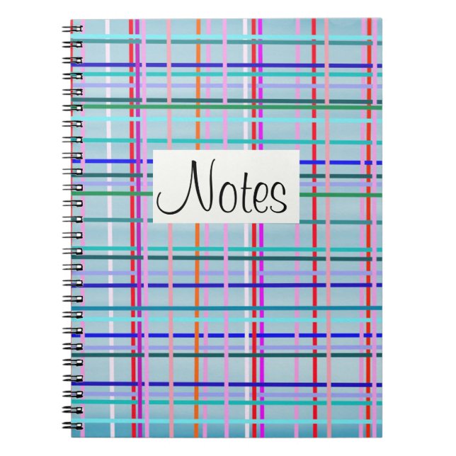 Multicolor check stripes pattern on blue notebook (Front)