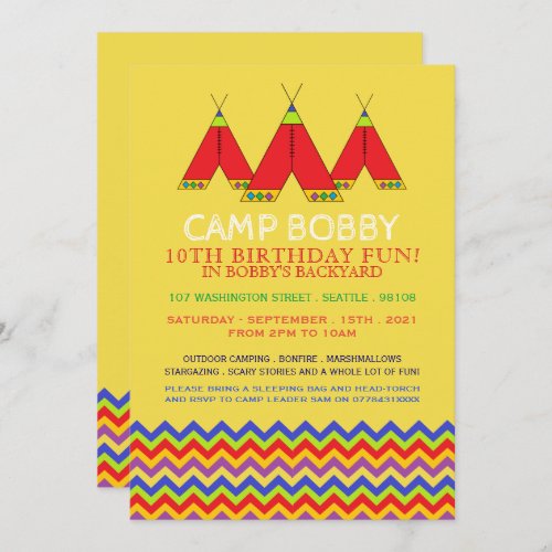 Multicolor Chevron Tipi Camping Birthday Invitation