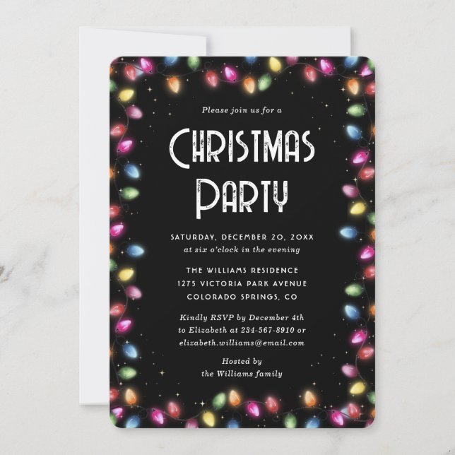 Multicolor Christmas Lights Black Holiday Party Invitation (Front)