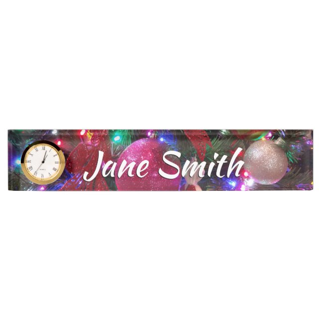 Multicolor Christmas Tree Colorful Holiday Desk Name Plate (Front)