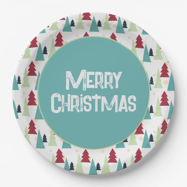 Multicolor Christmas Trees Pattern Paper Plates (Front)