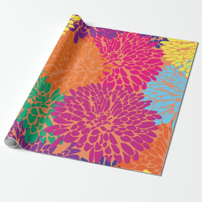multicolor chrysanthemums on orange wrapping paper (Unrolled)