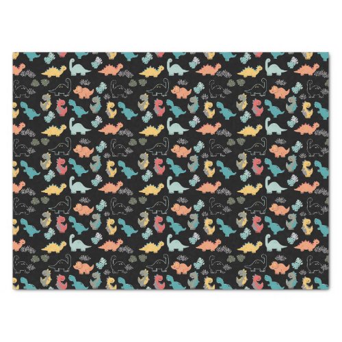 Multicolor Dinosaurs on Black Background Tissue Paper