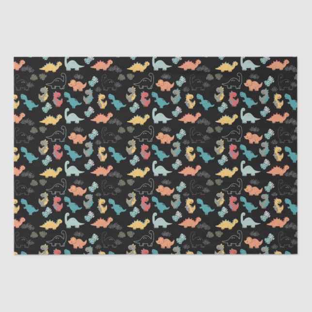 Multicolor Dinosaurs on Black Background Tissue Paper (Front)