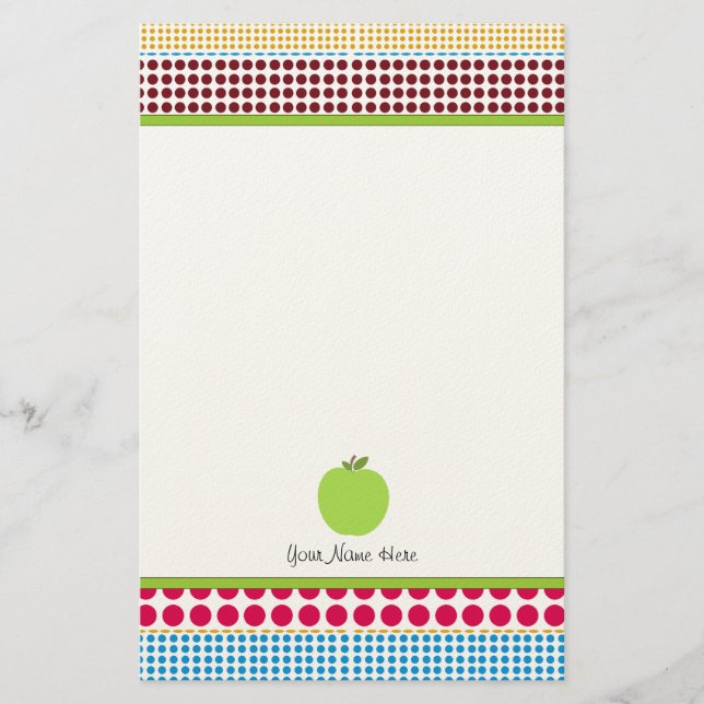 Multicolor Dots Green Apple Personalized Teacher Stationery (Front)