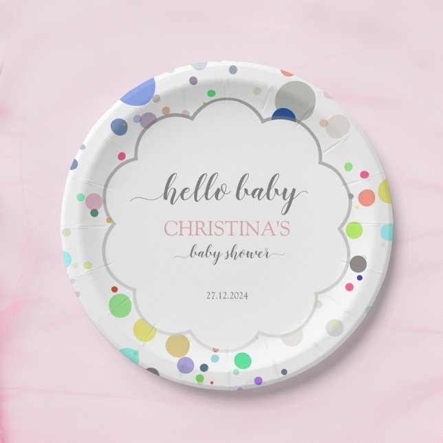 Multicolor Dots "Hello Baby" Baby Shower Paper Plates (Creator Uploaded)