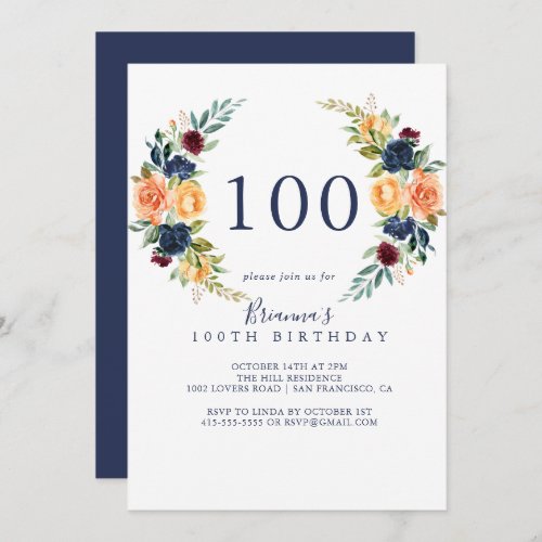Multicolor Elegant Floral 100th Birthday Party  Invitation
