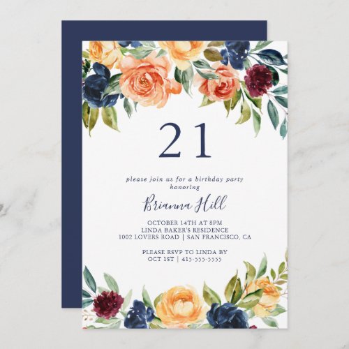 Multicolor Elegant Floral 21st Birthday Party  Invitation