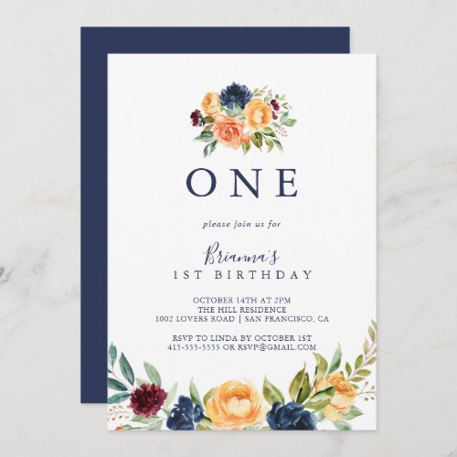 Multicolor Elegant Floral First Birthday Party  Invitation