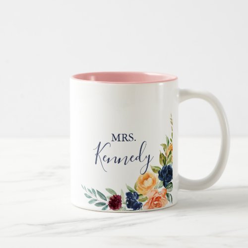 Multicolor Elegant Floral Mrs Newlywed Bride  Two_Tone Coffee Mug